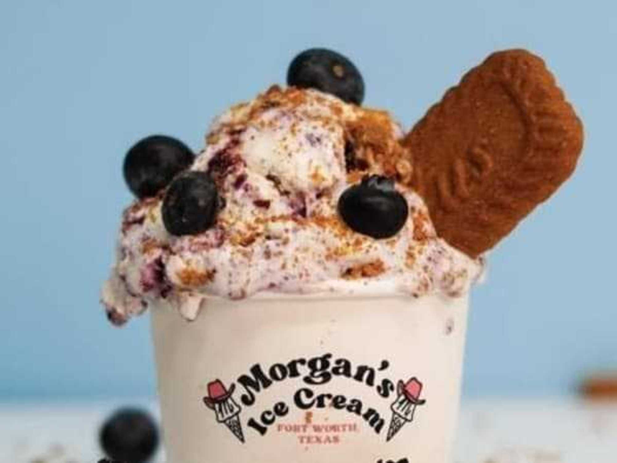 A cup of Morgan's ice cream with blueberries and Biscoff cookies