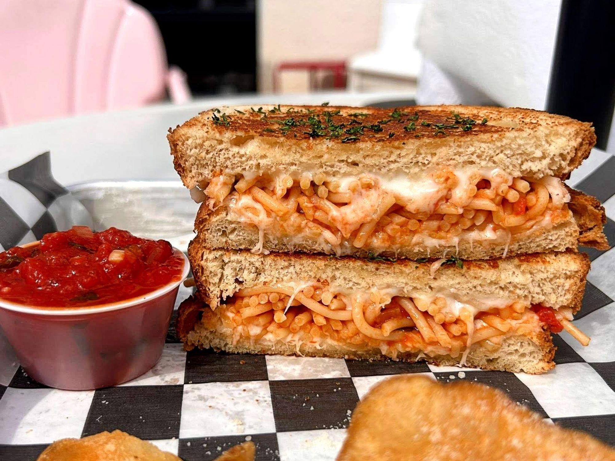 Bearded Lady spaghetti sandwich