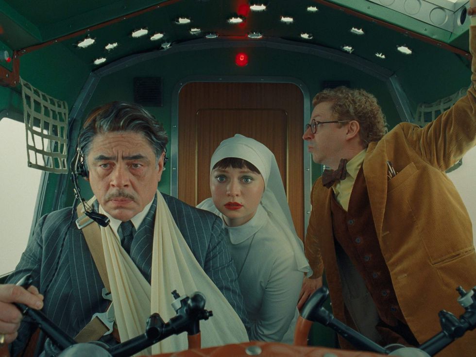 Benicio Del Toro, Mia Threapleton, and Michael Cera in The Phoenician Scheme