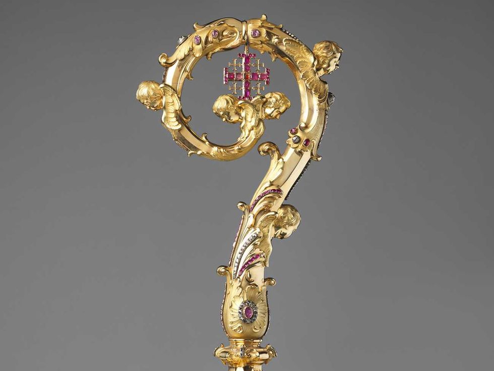 Crozier (detail), Naples, 1756, gold, rubies, diamonds, emeralds, almandine garnets, quartzes, and glass. Terra Sancta Museum, Jerusalem