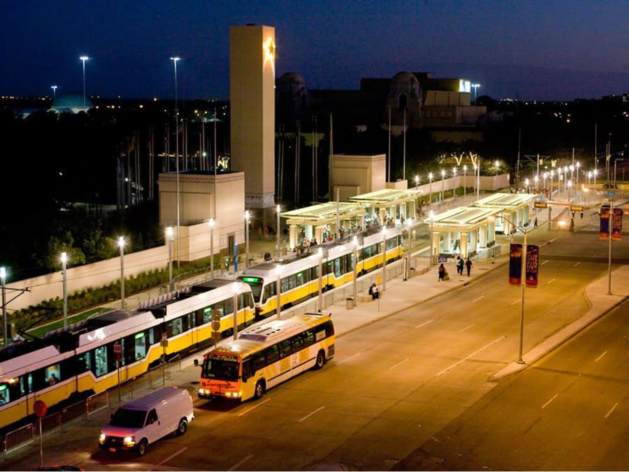 DART rail and buses at night, Fair Park