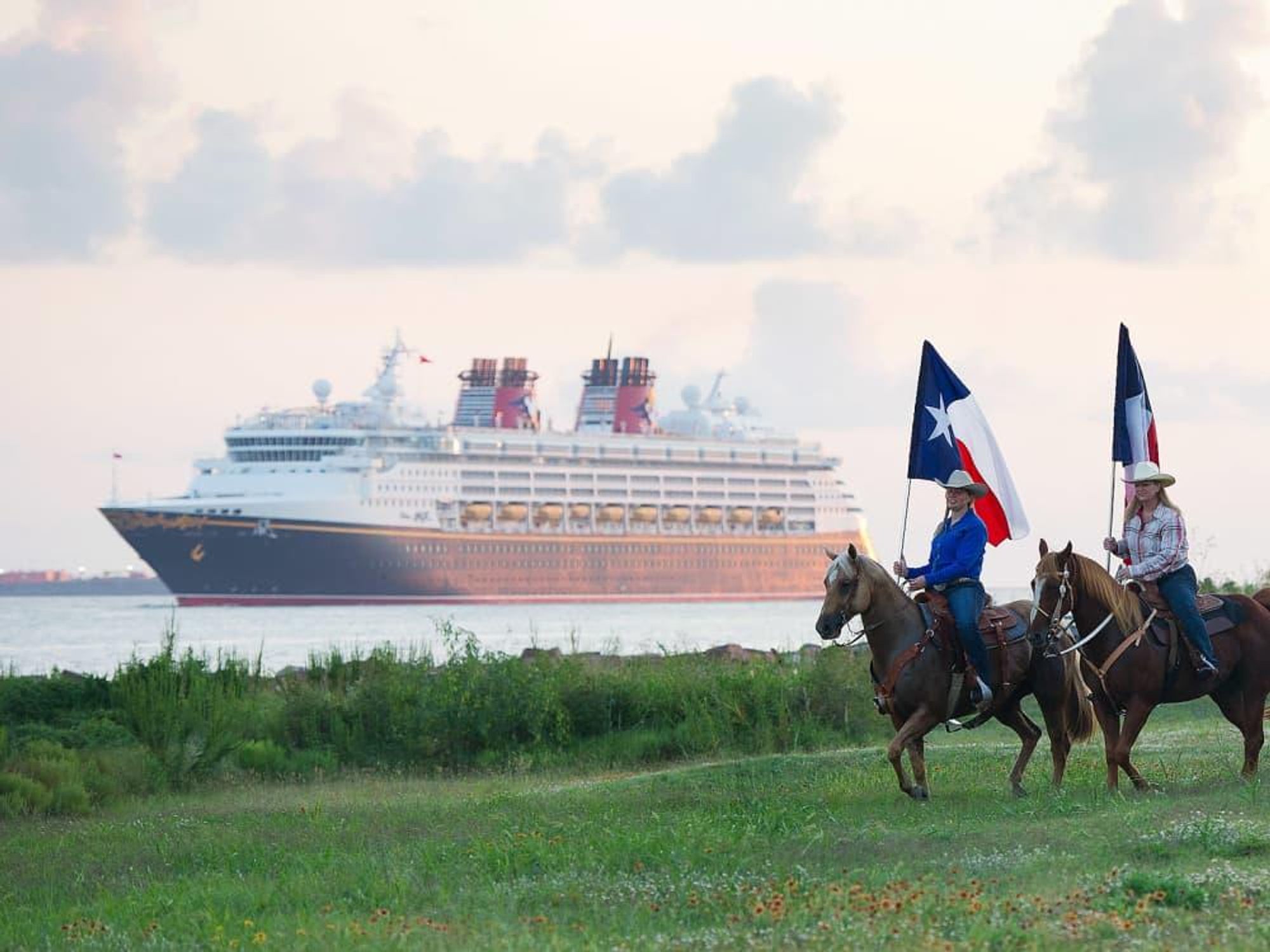 Disney Magic, cruise ship, Galveston, Texas flags, horses