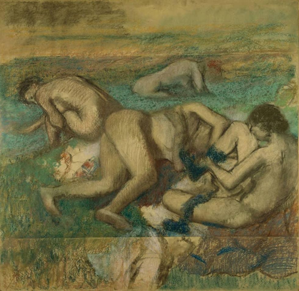 Edgar Degas, The Bathers, c. 1895. Pastel and charcoal on tracing paper, pieced and mounted on cardboard