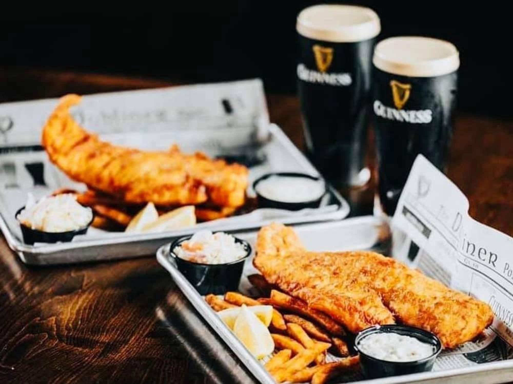 Fish & chips are buy-one-get-one with the purchase of two drinks on Mondays at Trinity College Irish Pub.