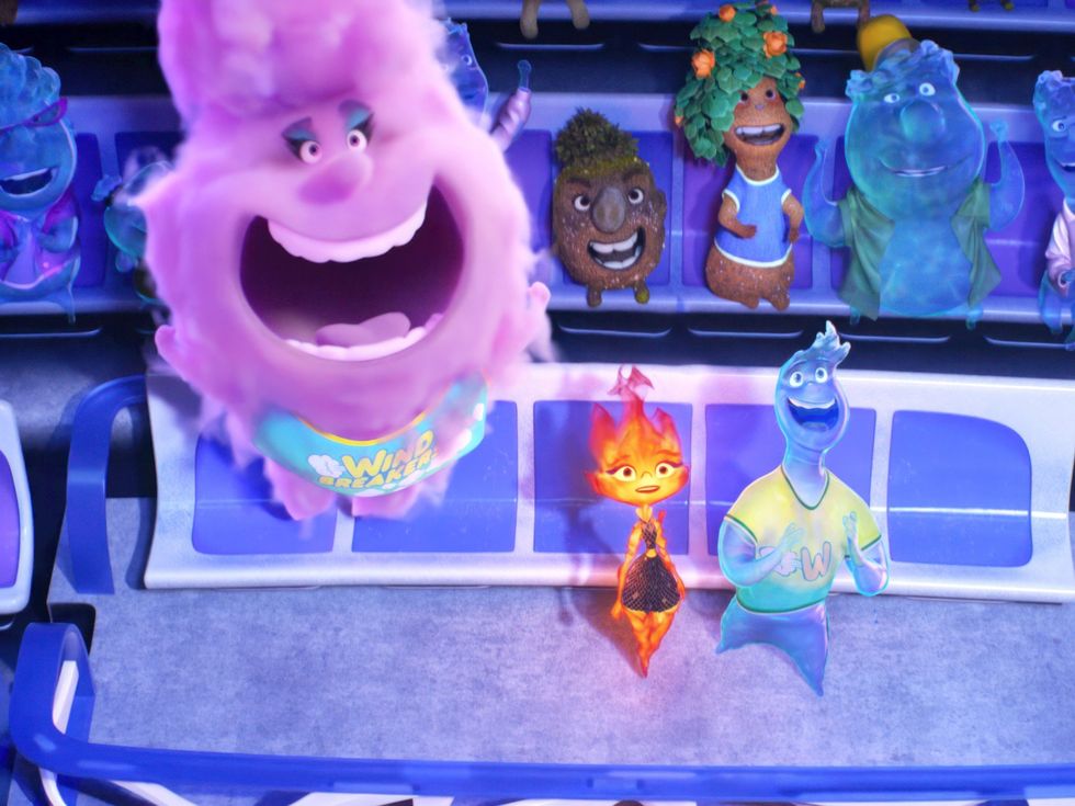 Gale Cumulus (Wendi McLendon-Covey), Ember (Leah Lewis), and Wade (Mamoudou Athie) in Elemental