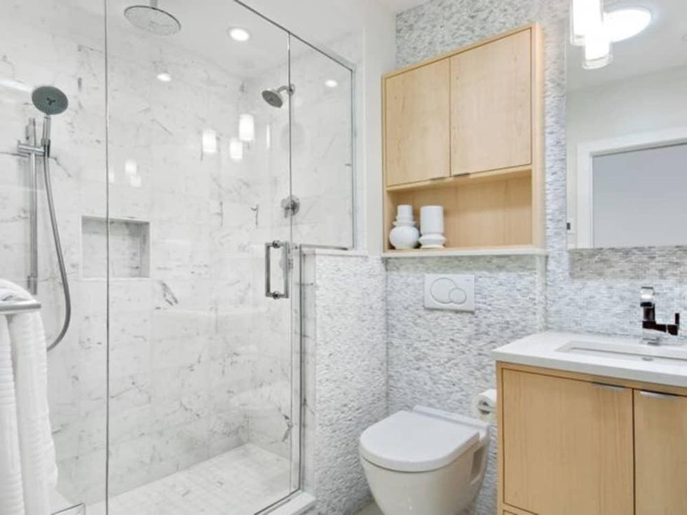 Houzz bathroom with wood accents