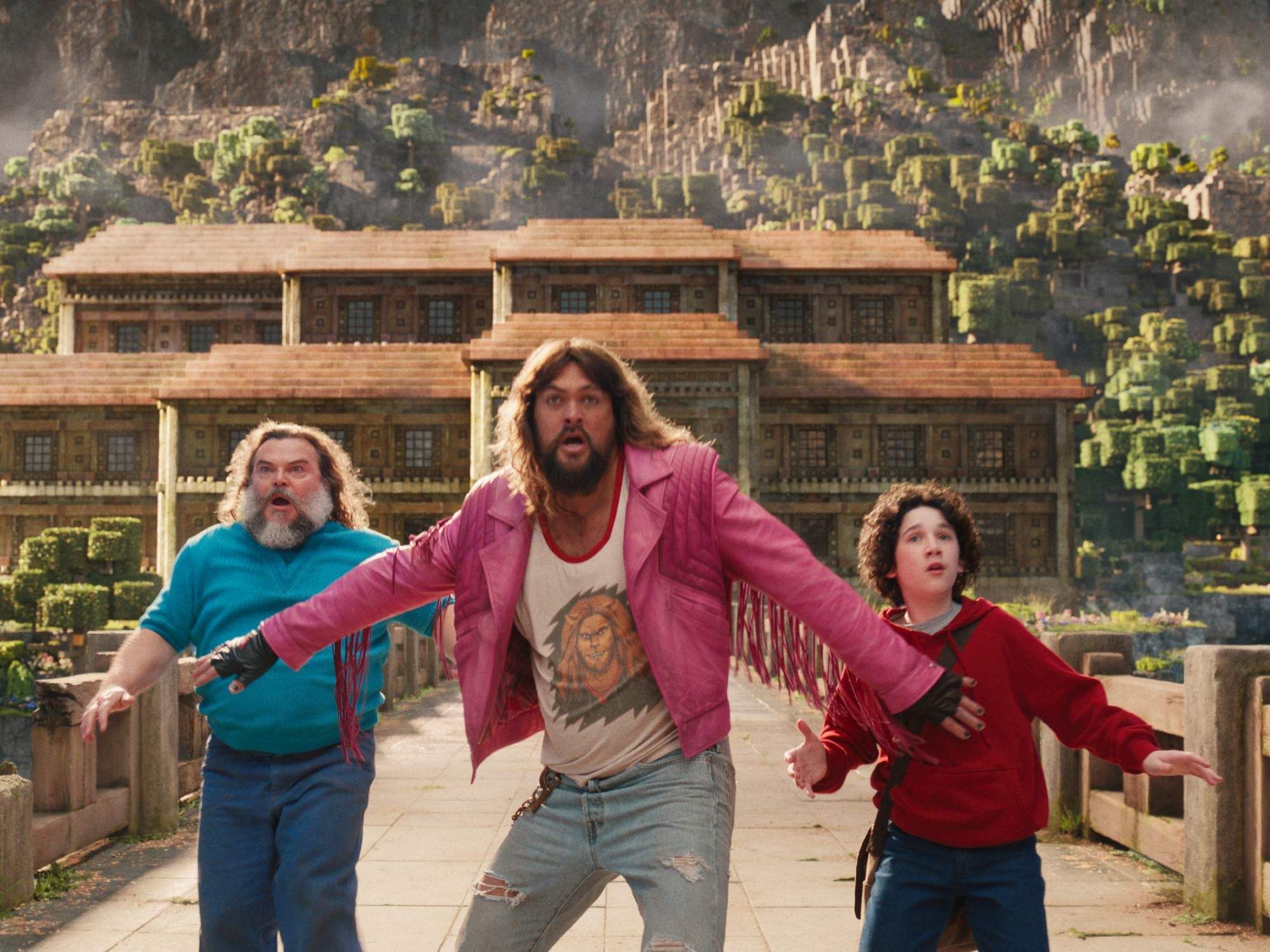 Jack Black, Jason Momoa, and Sebastian Hansen in A Minecraft Movie