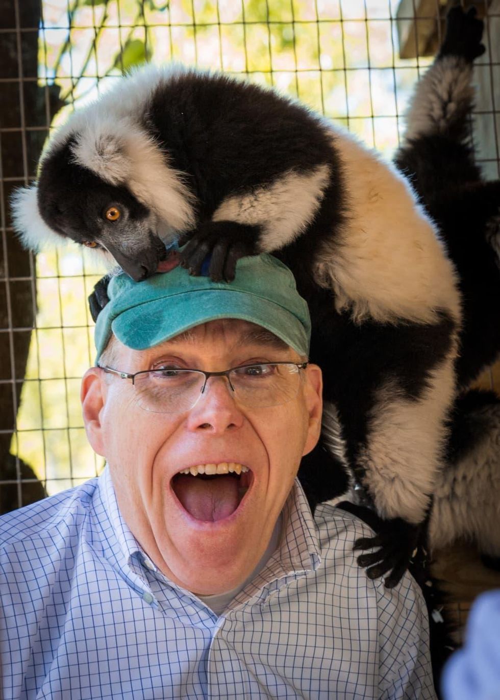 Man with a lemur on his head