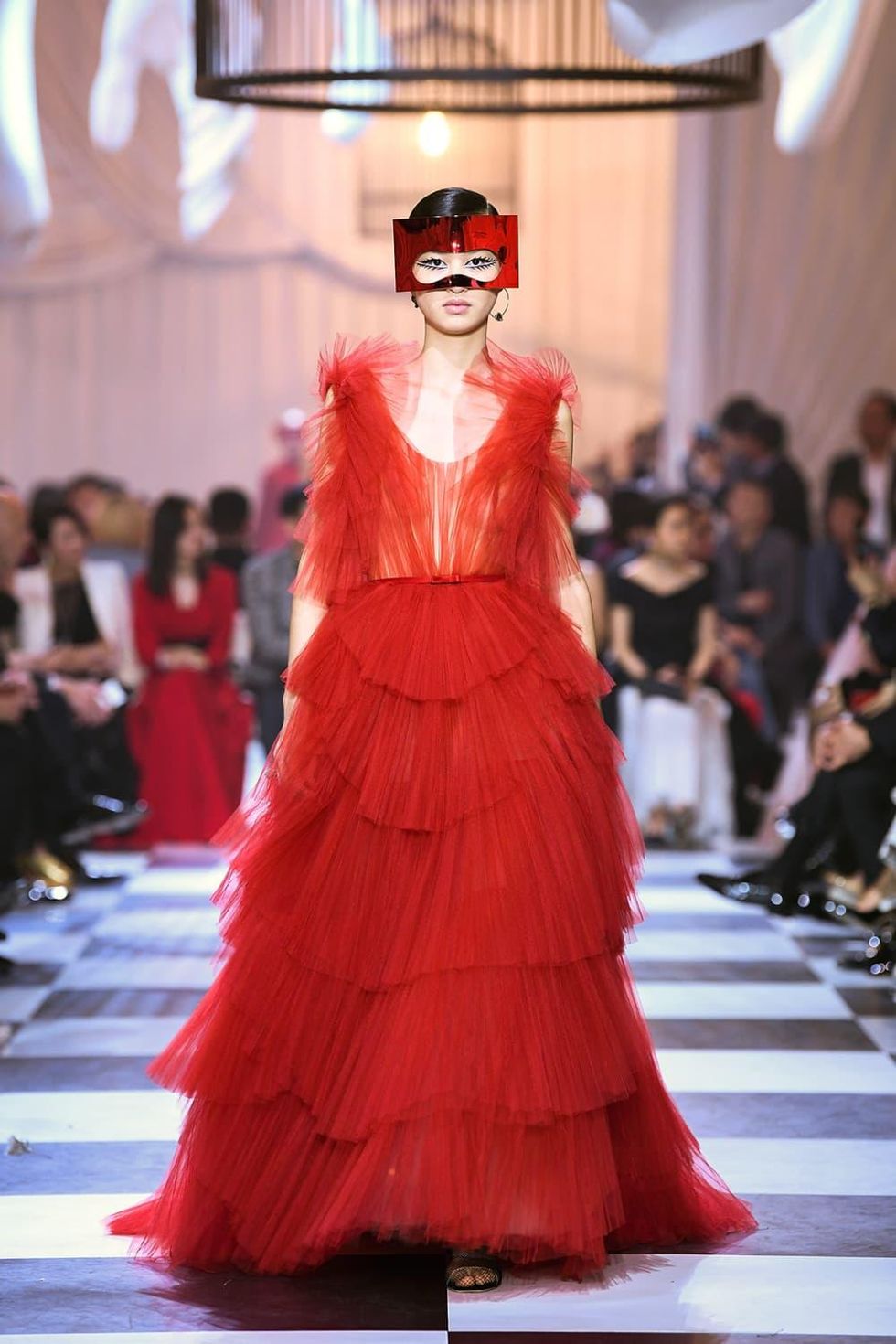 Maria Grazia Chiuri for Christian Dior. Haute Couture Spring-Summer 2018. \u201cDior Red\u201d ball gown in tiered tulle fans, after the design Francis Poulenc,