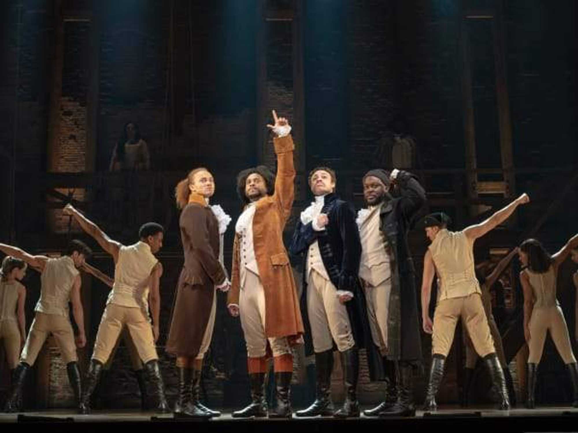Nathan Haydel, Tyler Fauntleroy, Jared Howelton, Elvie Ellis, and company of Hamilton National Tour