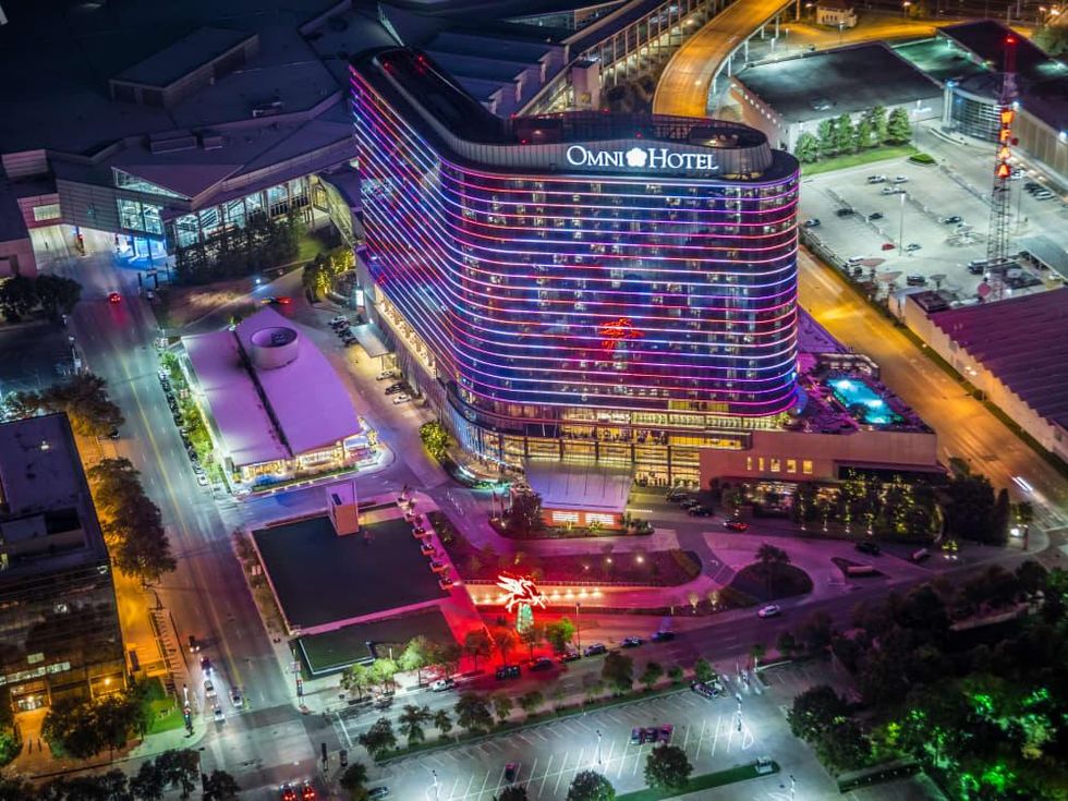 Omni Dallas hotel aerial at night