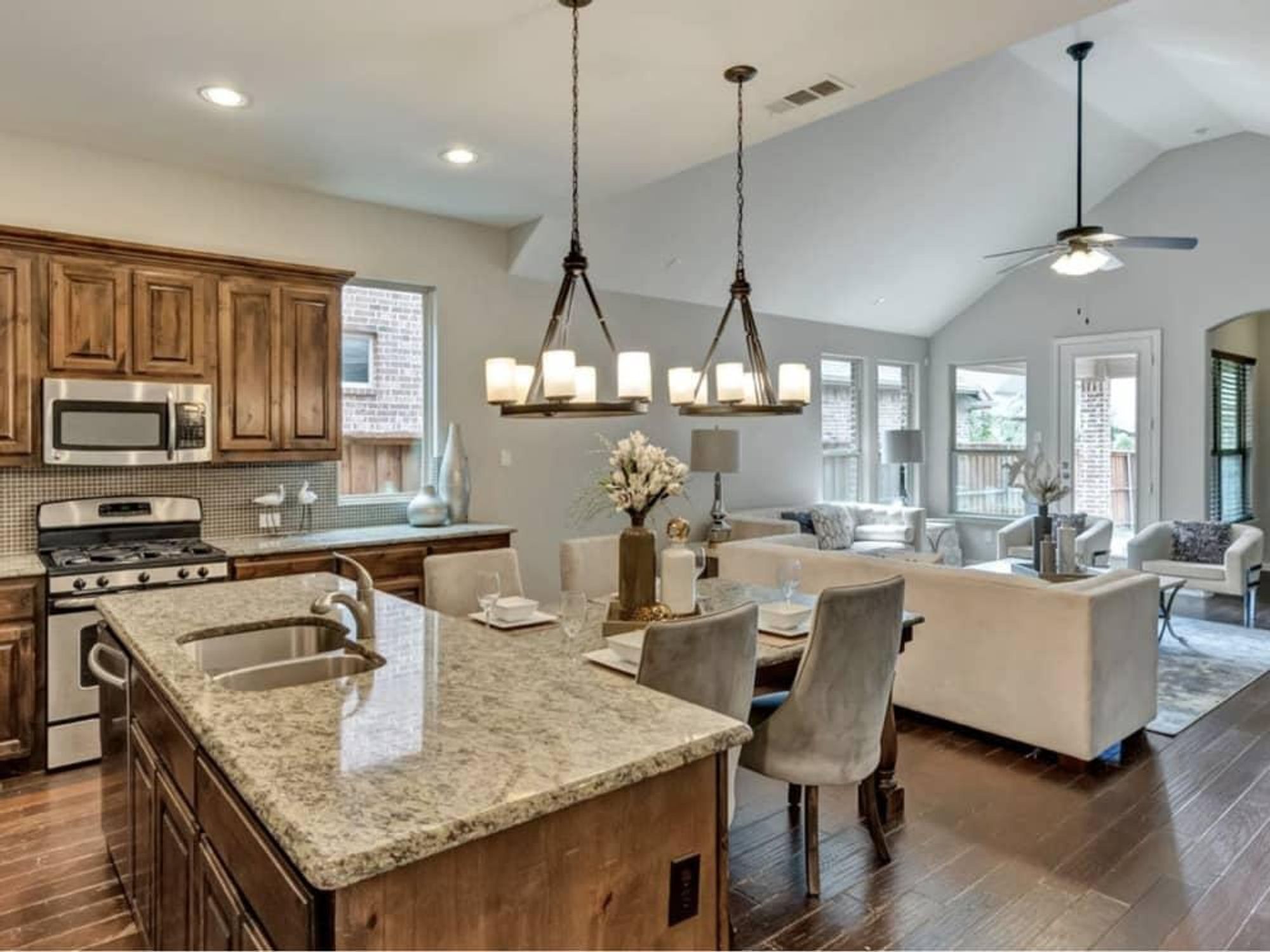 open concept kitchen with granite countertops & home interior