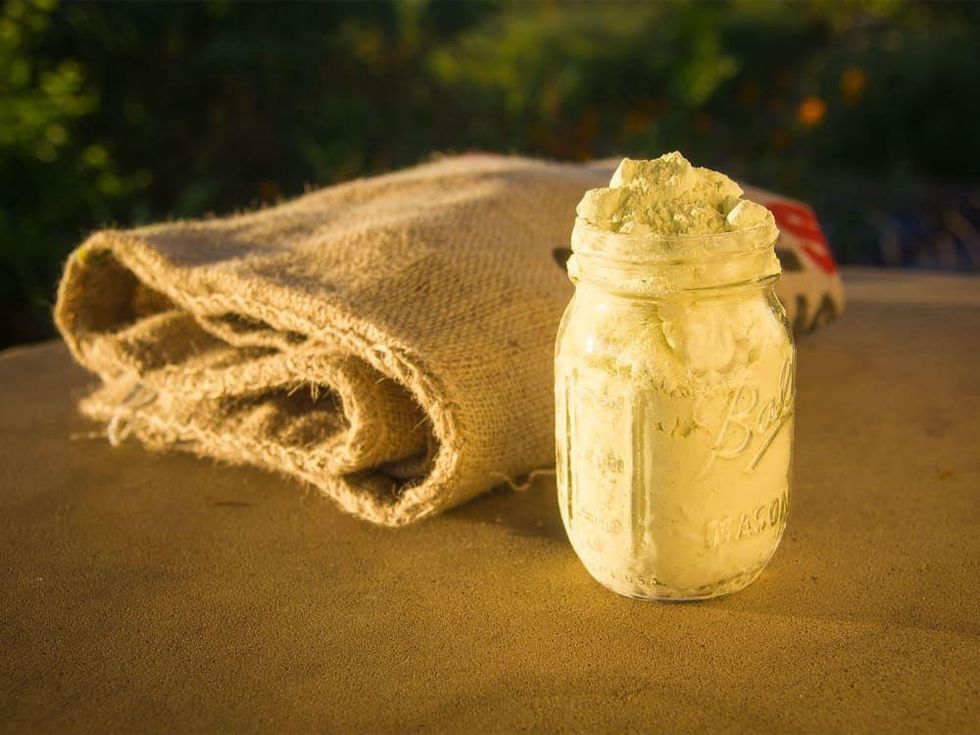 Photos of jar full of sulfur and burlap sack