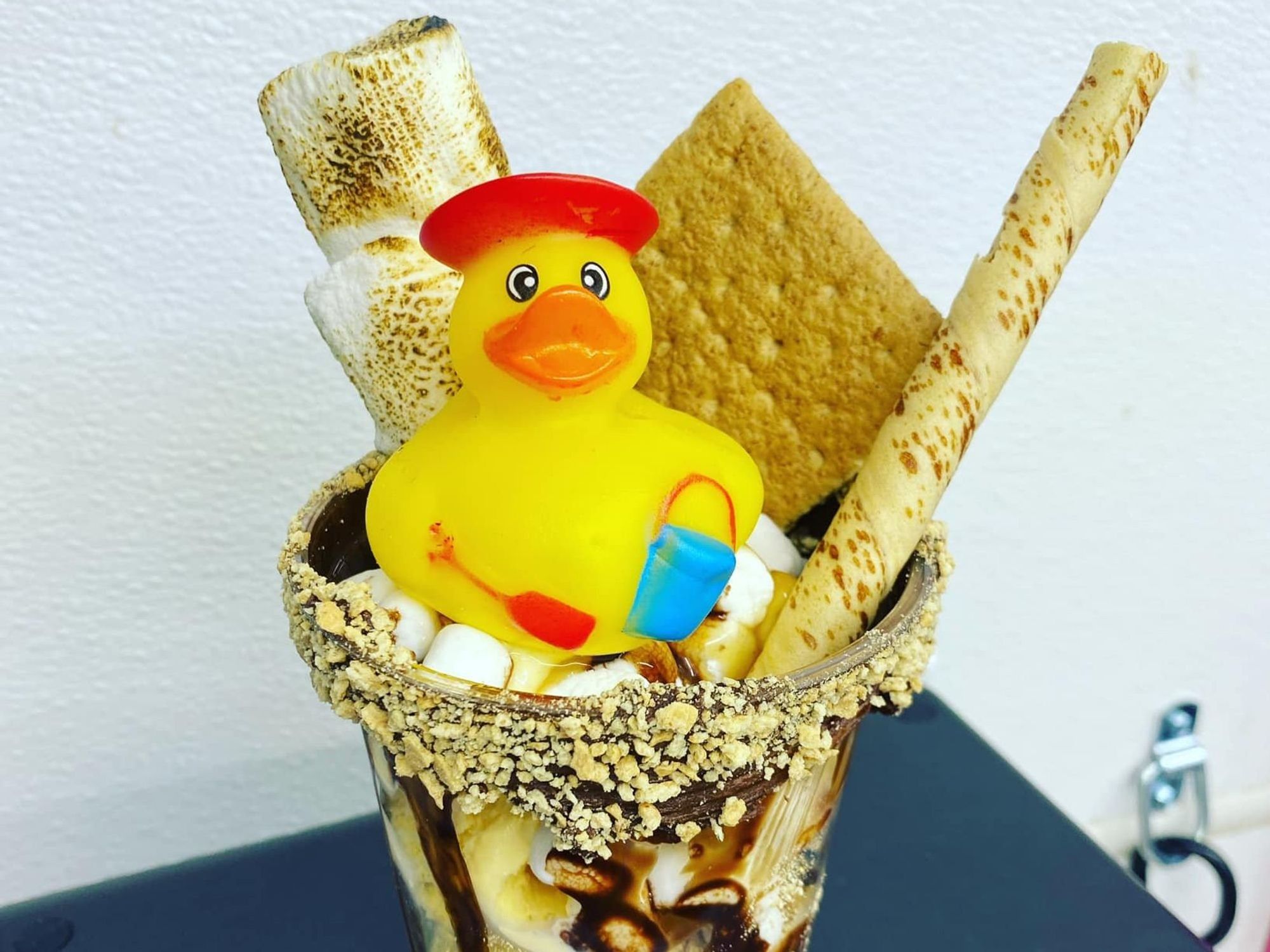 S'mores sundae with a rubber duck