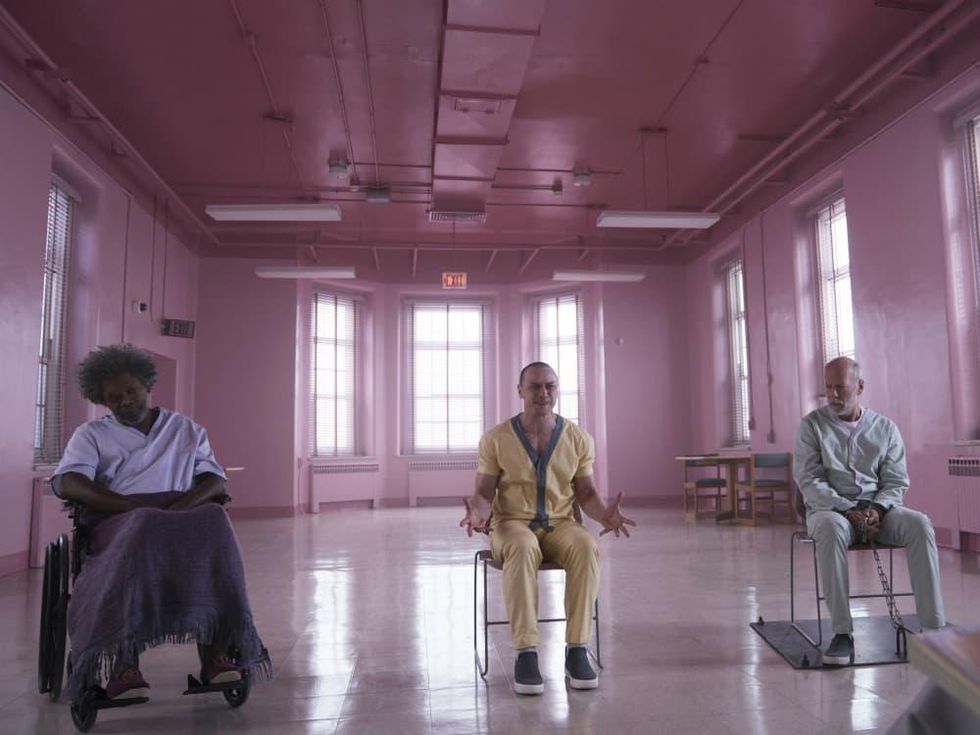 Samuel L. Jackson, James McAvoy, and Bruce Willis in Glass
