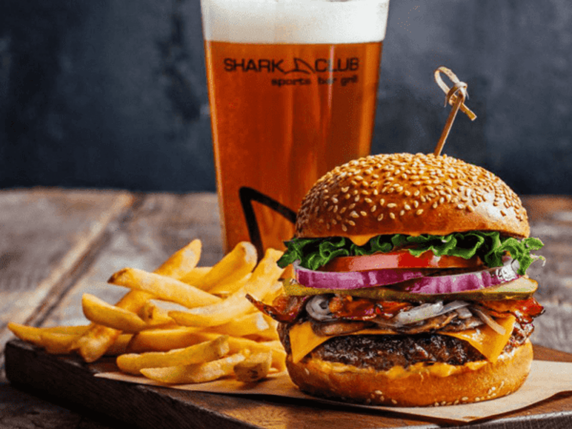 Shark Club burgers and beer.