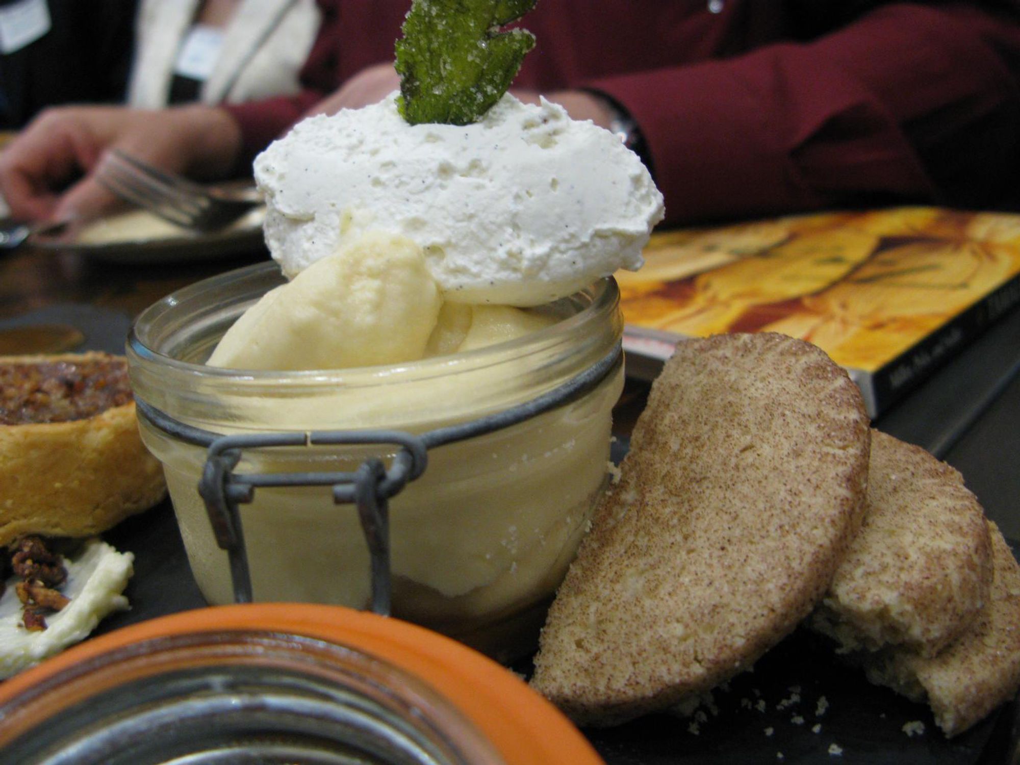 Sky Canyon's butterscotch pudding comes topped with vanilla whipped cream and a sugared mint leaf.