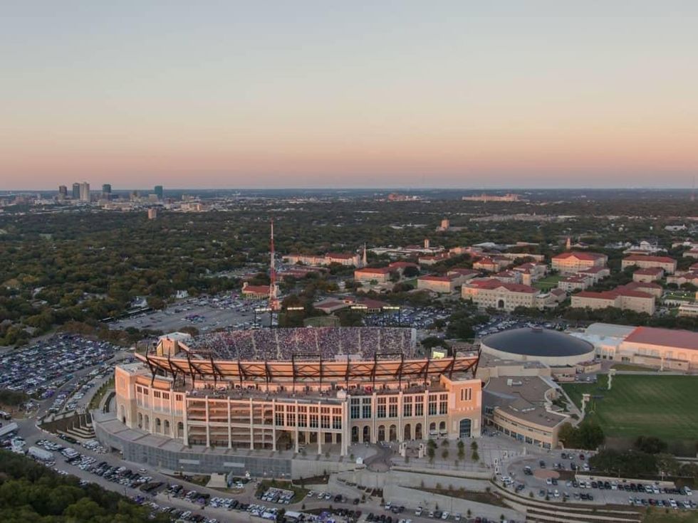 TCU campus, football stadium, Fort Worth skyline