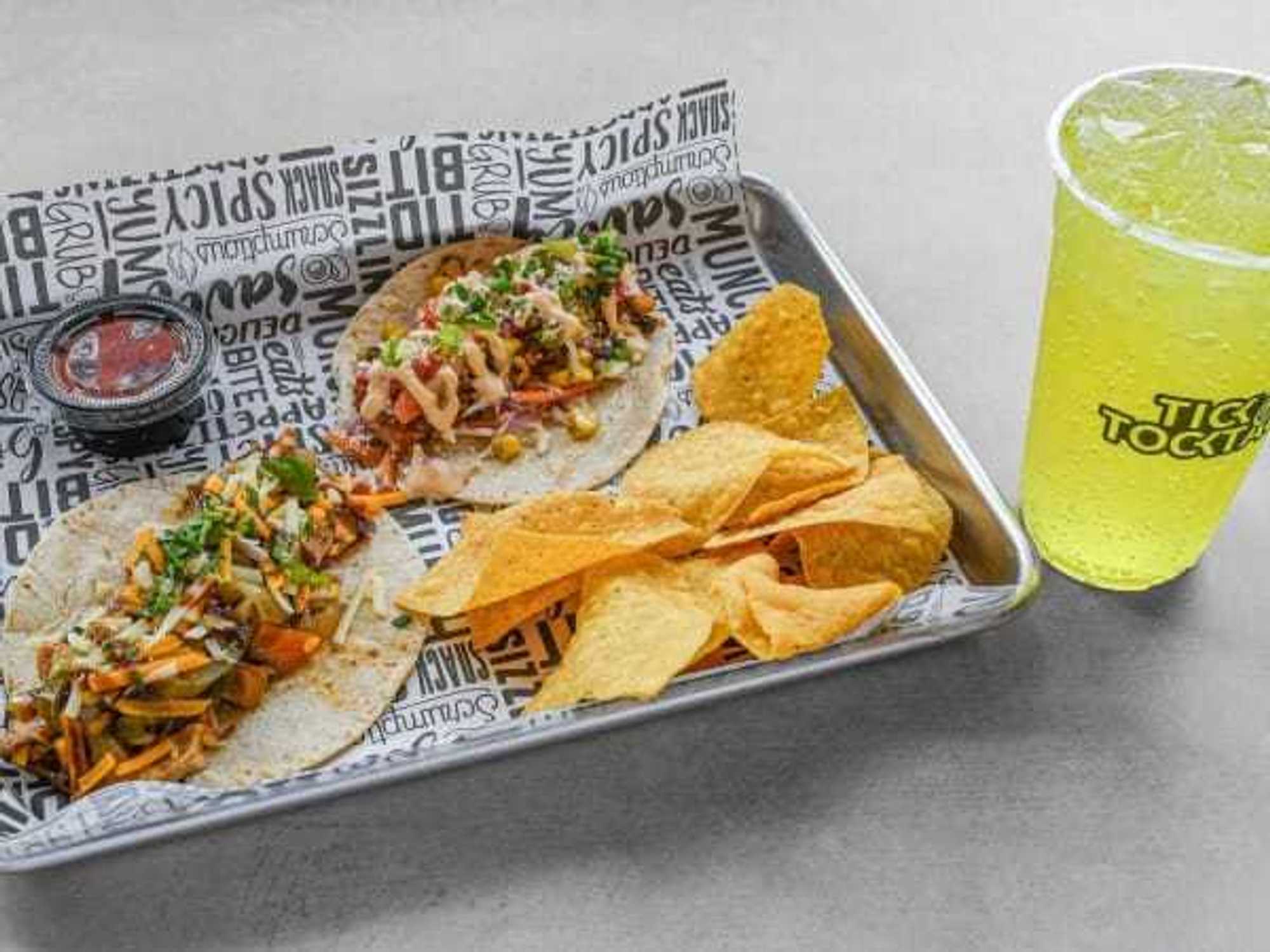 Tick Tock Taco's $13.99 "YOLO Combo" features three global fusion tacos served with chips, salsa, and a drink.