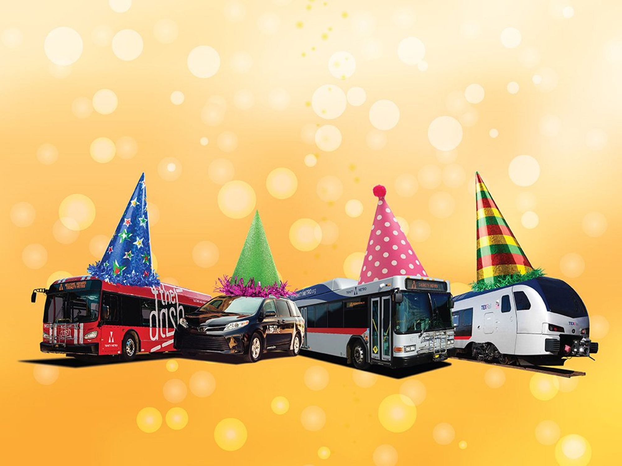 Trinity Metro vehicles with birthday hats