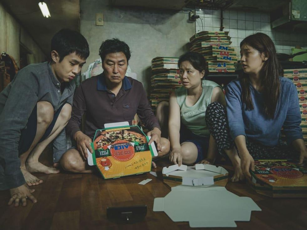 Woo-sik Choi, Kang-ho Song, Hye-jin Jang, and So-dam Park in Parasite